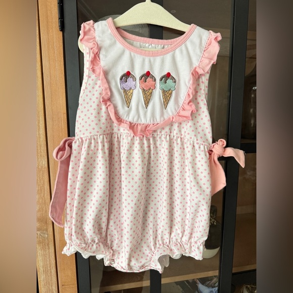 Stitchy fish ice cream bubble embroidered smocked romper toddler girl bows dots - Picture 1 of 9